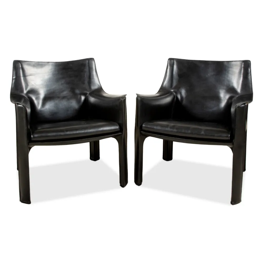 2er Garnitur Cassina Cab 414 Leder Sessel Stuhl Schwarz Kernleder