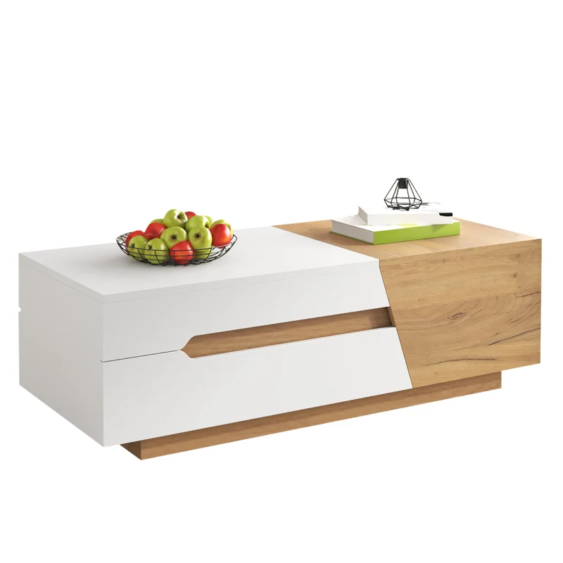 Ausziehbarer Couchtisch, Wohnzimmertisch mit Schubladen, Beistelltisch mit Farbblockstruktur