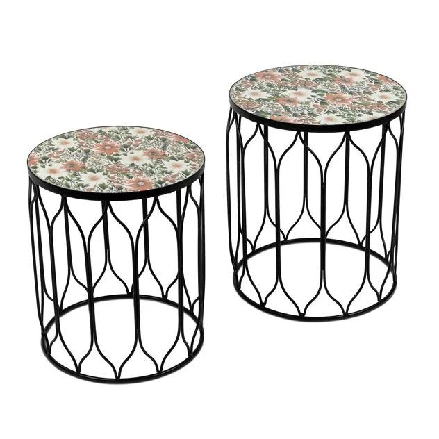 Beistelltisch Set Madeira rund 2 teilig aus schwarzem Metall mit Blumenmotiv