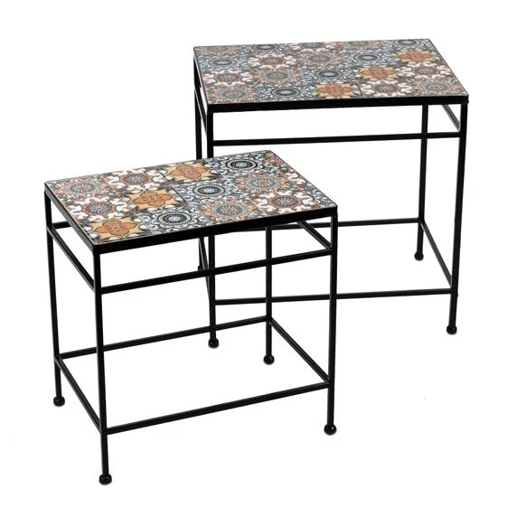 Beistelltisch Set Porto 2 teilig aus schwarzem Metall mit Kachelplatte Vintage Optik