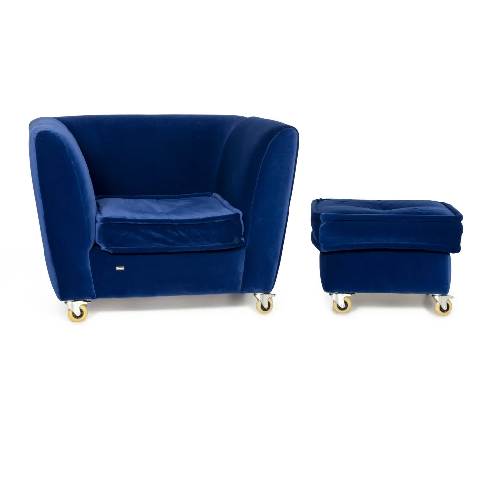 Bretz Monster Stoff Sessel Hocker Blau Samt #8852