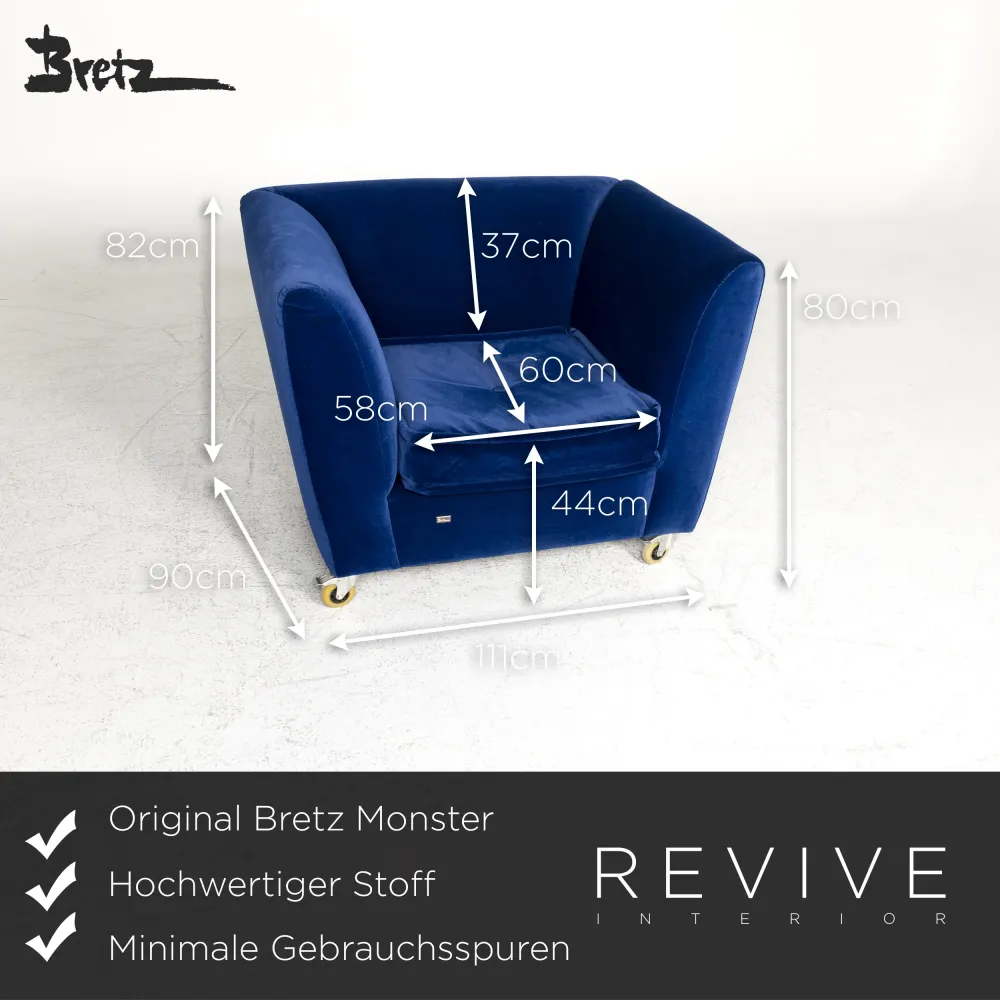Bretz Monster Stoff Sessel Hocker Blau Samt #8852