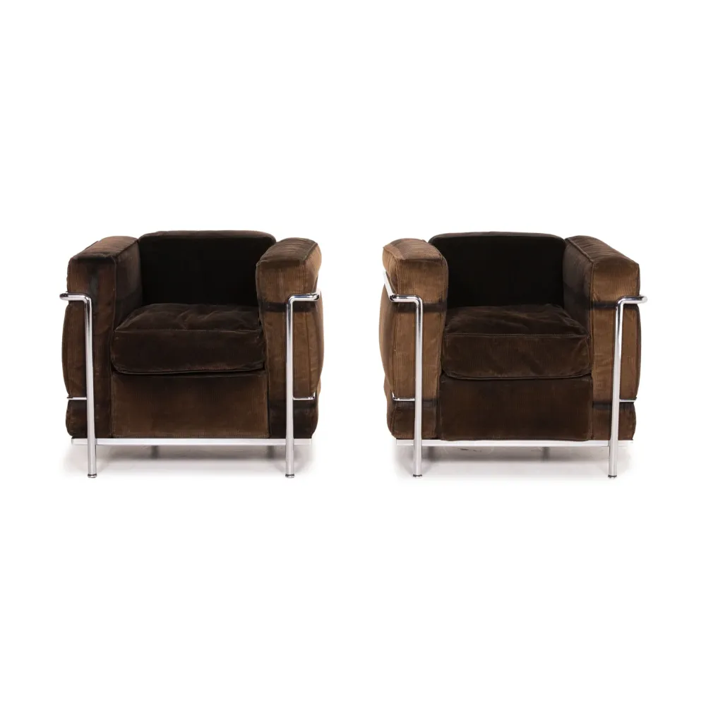 Cassina Le Corbusier LC 2 Cord Stoff Sessel Garnitur Braun Dunkelbraun Vintage Stahlrohr 2x Sessel