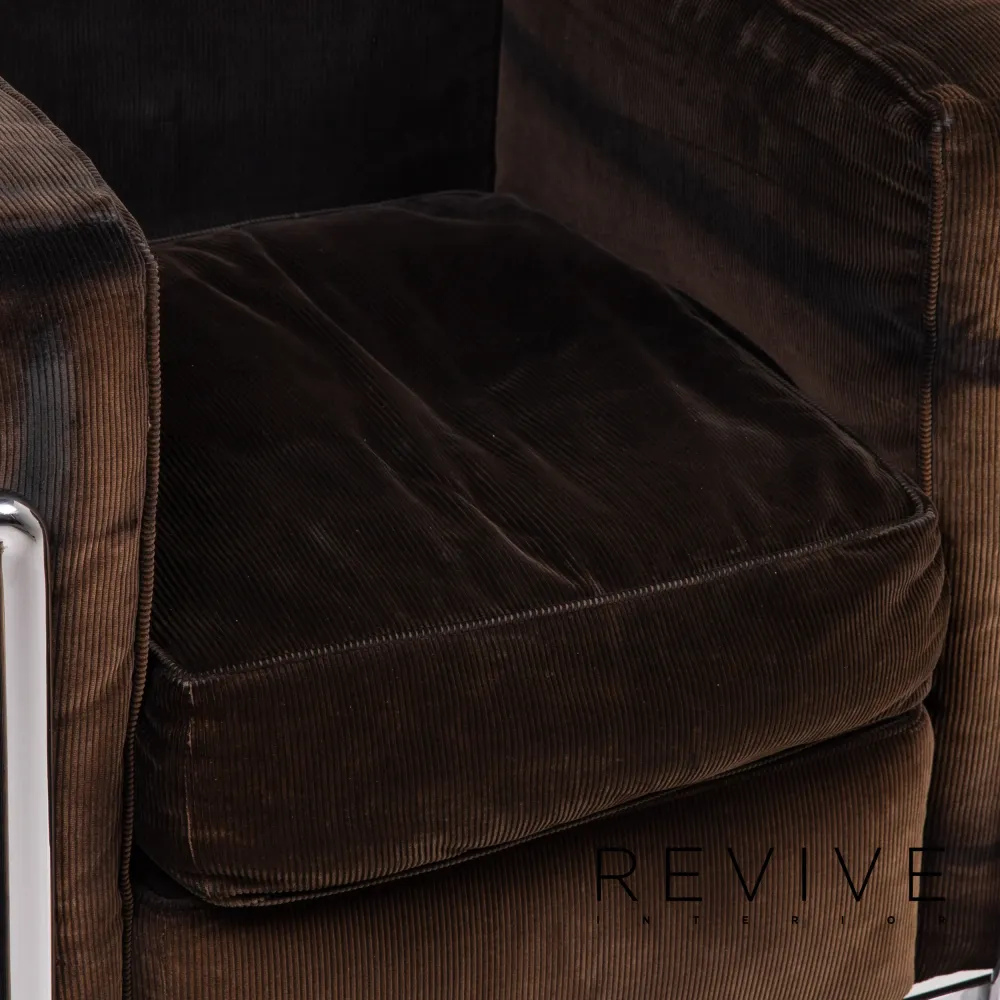 Cassina Le Corbusier LC 2 Cord Stoff Sessel Garnitur Braun Dunkelbraun Vintage Stahlrohr 2x Sessel