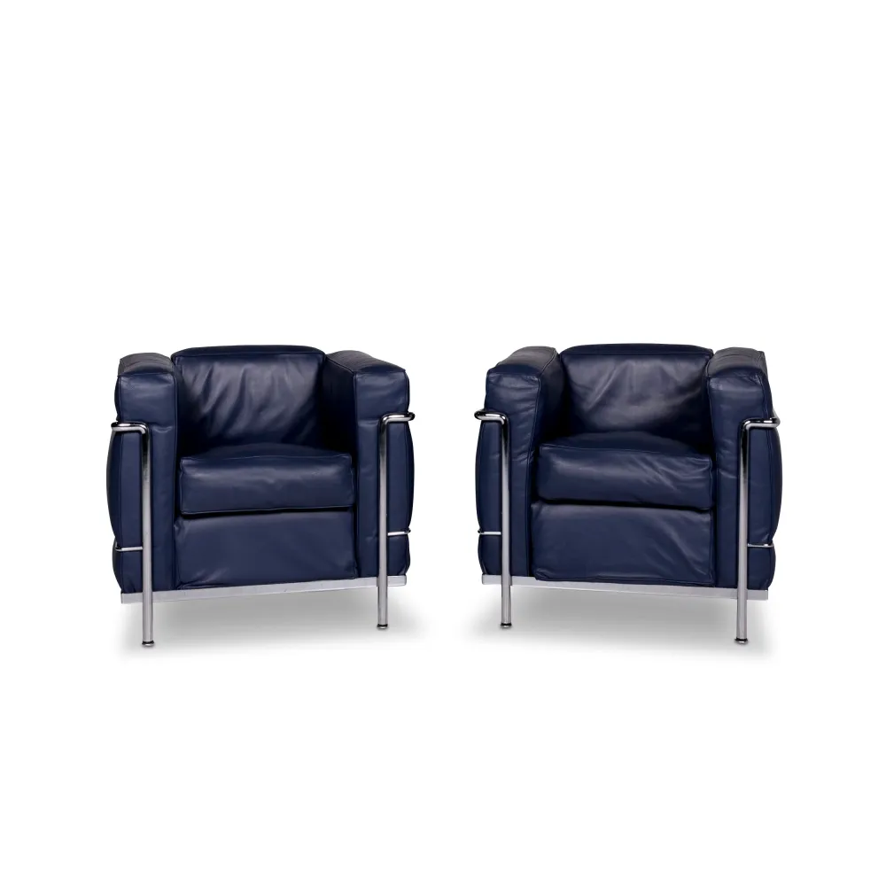 Cassina Le Corbusier LC 2 Leder Sessel Garnitur Blau 2x Sessel #9881