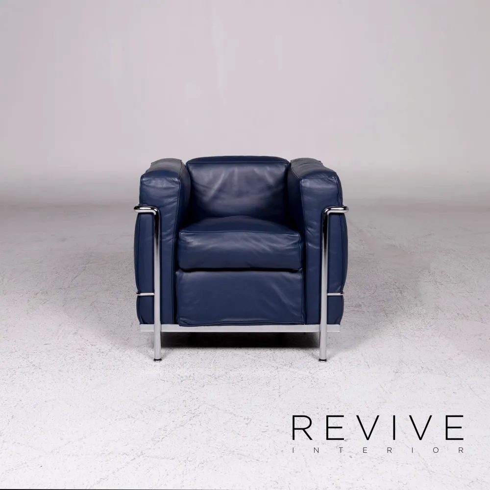 Cassina Le Corbusier LC 2 Leder Sessel Garnitur Blau 2x Sessel #9881