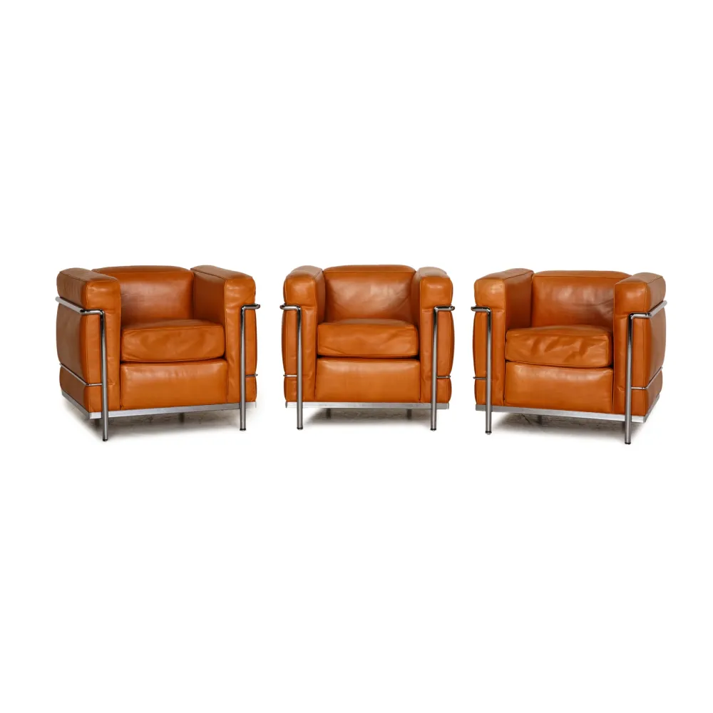 Cassina Le Corbusier LC 2 Leder Sessel Garnitur Cognac