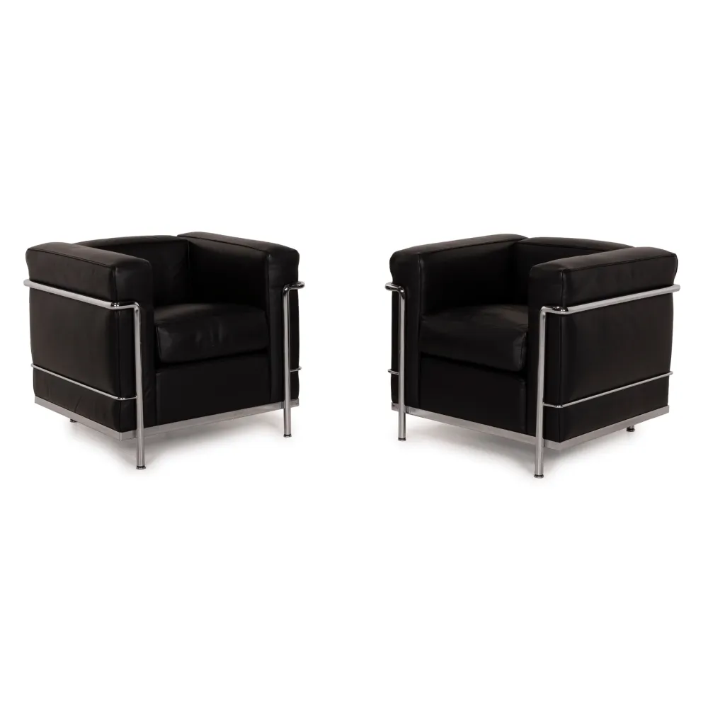 Cassina Le Corbusier LC 2 Leder Sessel Garnitur Schwarz Set