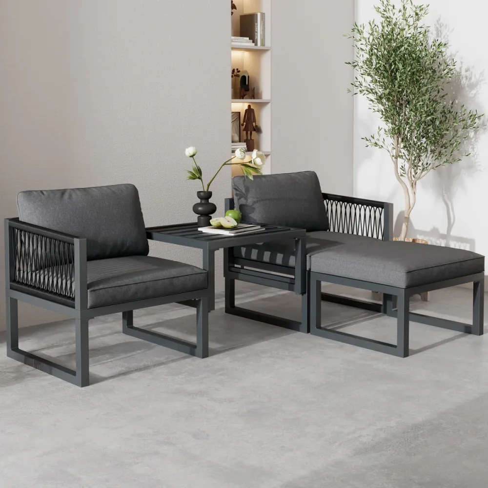 Gartenlounge-Set 4-teilig, Terrassenmöbel mit 2 Sesseln & 2 Fußhockern, Verstellbare Chaiselongue, PE-Rattan & verzinktes...