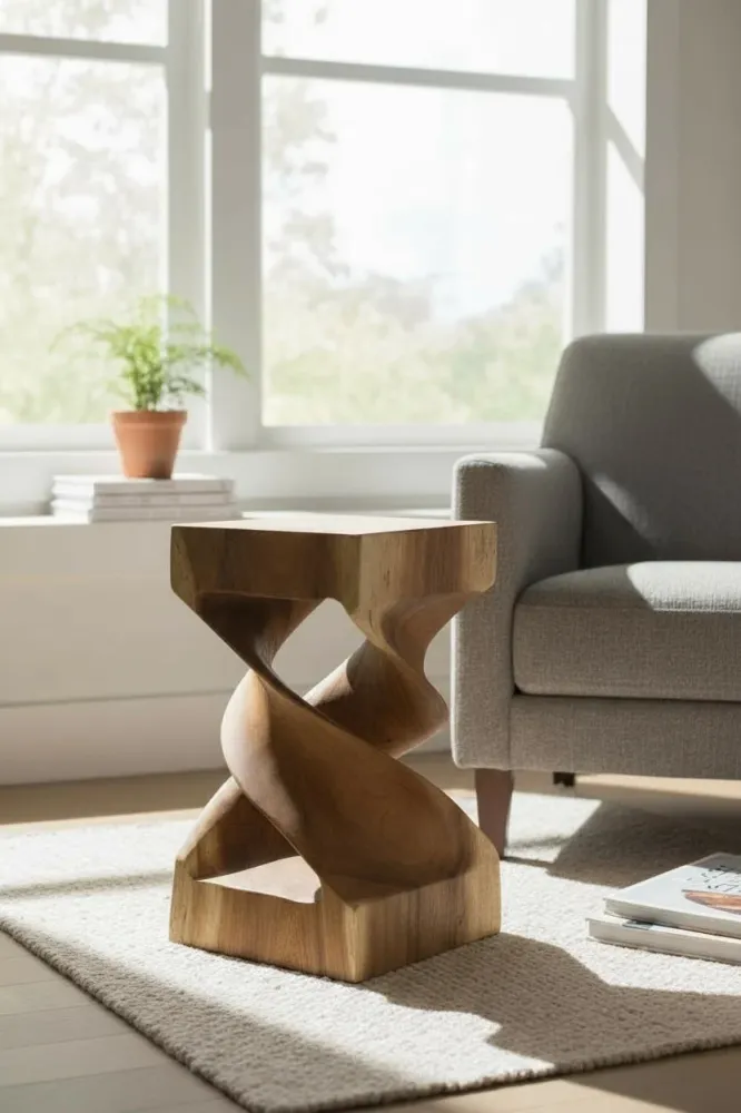 Holz Beistelltisch - Holzhocker Couchtisch - Handgefertigt - Gedreht aus massivem Suarholz - 50x28x28 cm