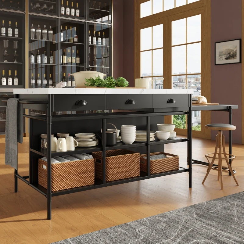 Kücheninseln, Ausziehbare Kunstmarmorplatte Industrial mit 3-Schubladen, Multifunktionales Küchen- und Esszimmer-Möbel, Kü...