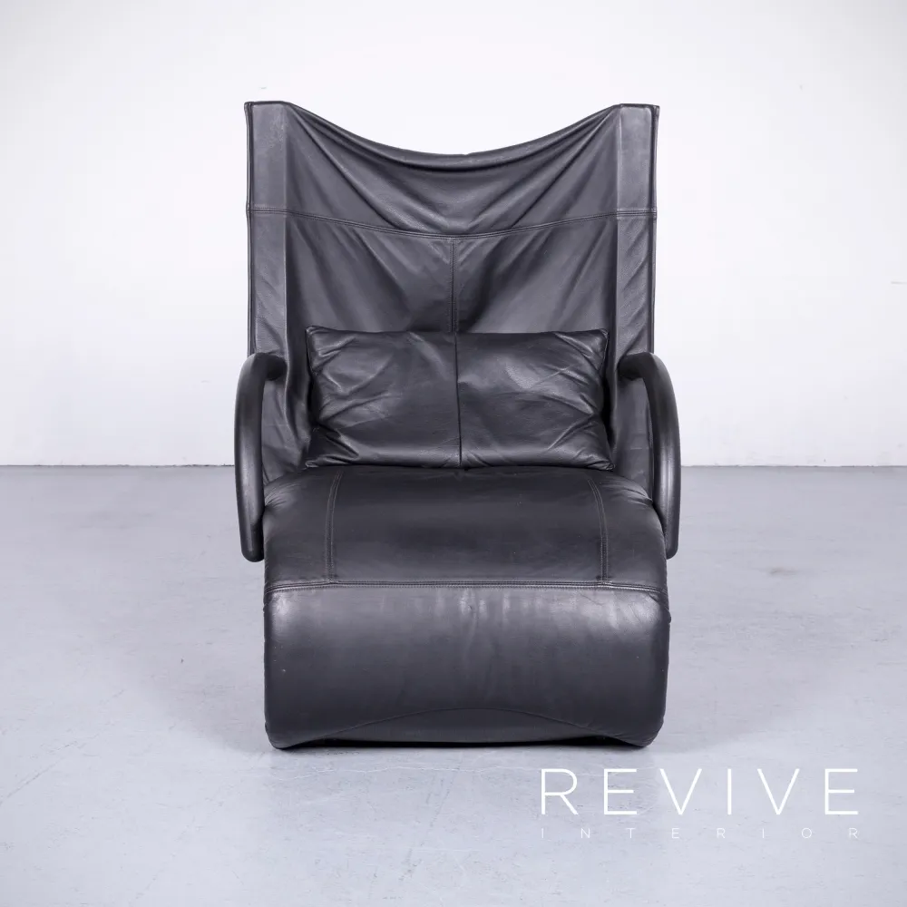 ligne roset Designer Leder Sessel Schwarz Echtleder Stuhl Hocker #6552