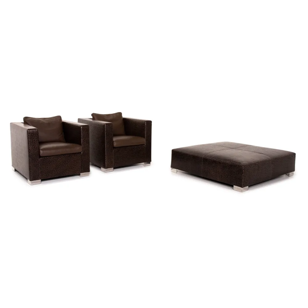 Minotti Suitcase line Leder Sessel Garnitur Braun Dunkelbraun 2x Sessel 1x Hocker #15530