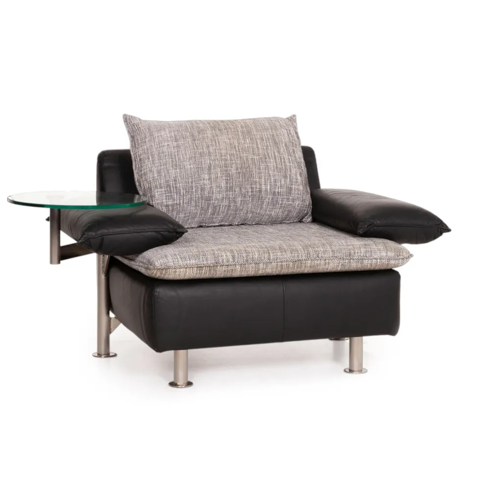Möller Design Tayo Leder Stoff Sessel Schwarz Grau inkl. Glasablage