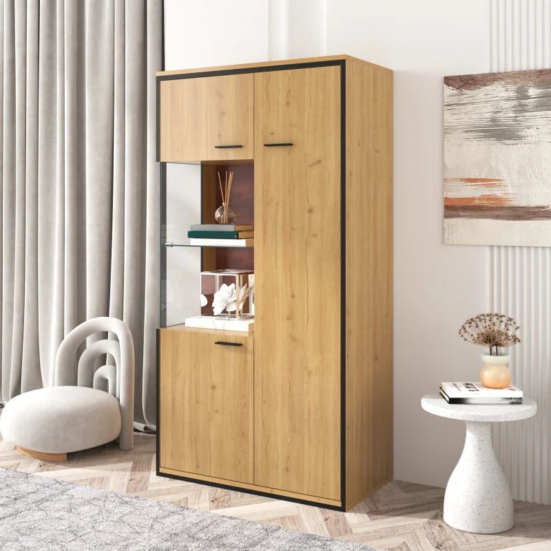 Moderne Vitrine mit LED-Beleuchtung - 150Hcm - Glastür, Mehrzweckregale, 15 Farboptionen, Großer Stauraum, Glasboden, Scha...