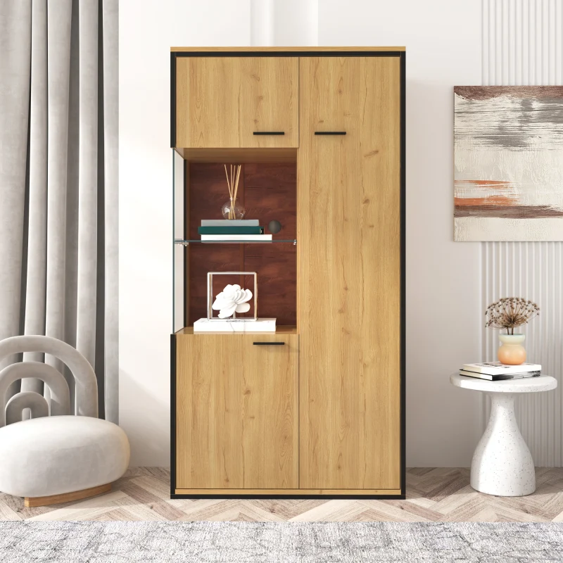 Moderne Vitrine mit LED-Beleuchtung - 150Hcm - Glastür, Mehrzweckregale, 15 Farboptionen, Großer Stauraum, Glasboden, Scha...