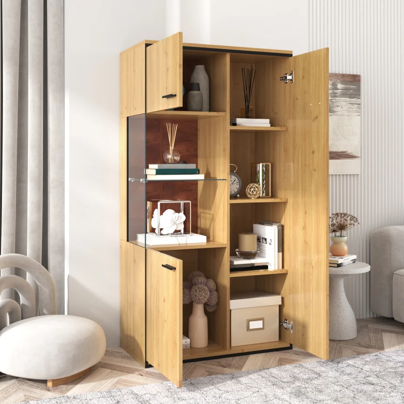 Moderne Vitrine mit LED-Beleuchtung - 150Hcm - Glastür, Mehrzweckregale, 15 Farboptionen, Großer Stauraum, Glasboden, Scha...