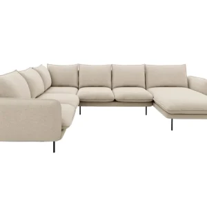Panoramawinkelsofa linksseitig für 7 Personen VIENNA beige Chenille mit schwarzem Gestell