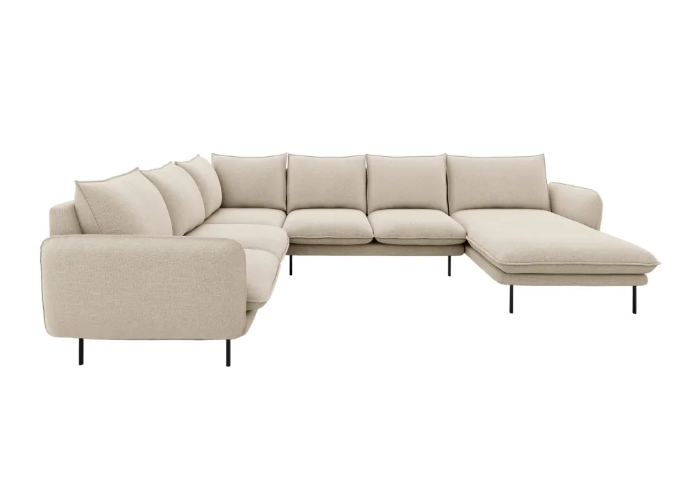 Panoramawinkelsofa linksseitig für 7 Personen VIENNA beige Chenille mit schwarzem Gestell