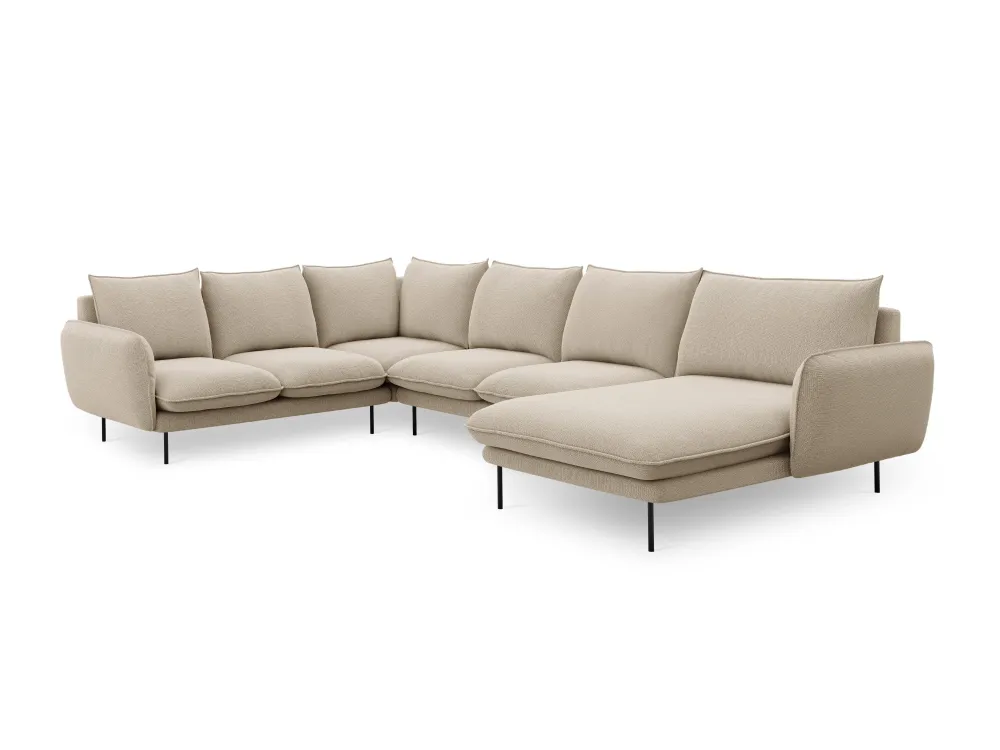 Panoramawinkelsofa linksseitig für 7 Personen VIENNA beige Chenille mit schwarzem Gestell