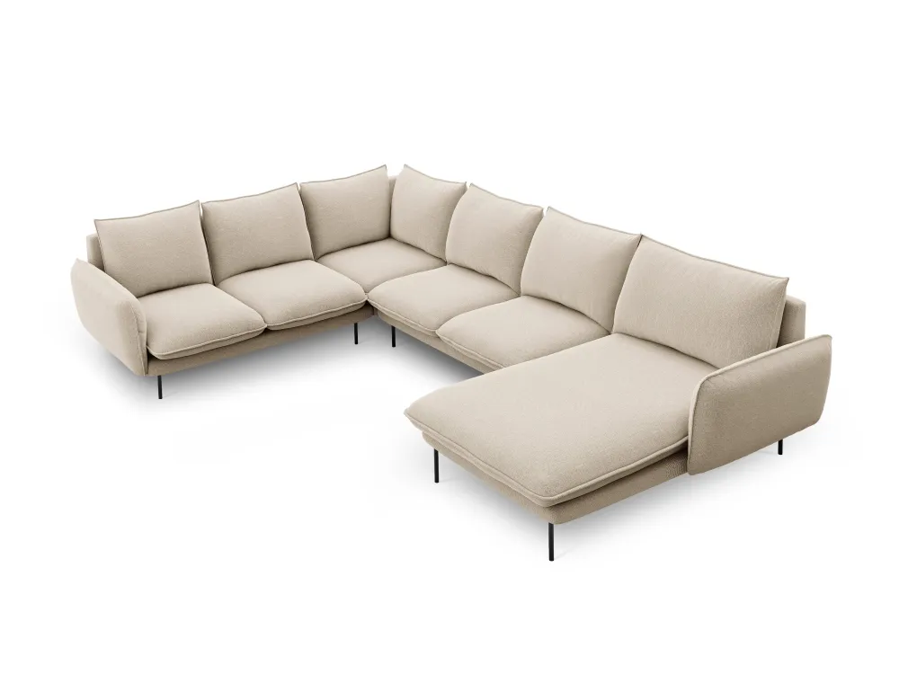 Panoramawinkelsofa linksseitig für 7 Personen VIENNA beige Chenille mit schwarzem Gestell