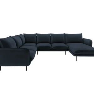 Panoramischer Samt-Ecksofa linksseitig für 7 Personen VIENNA dunkelblau mit schwarzem Fuß