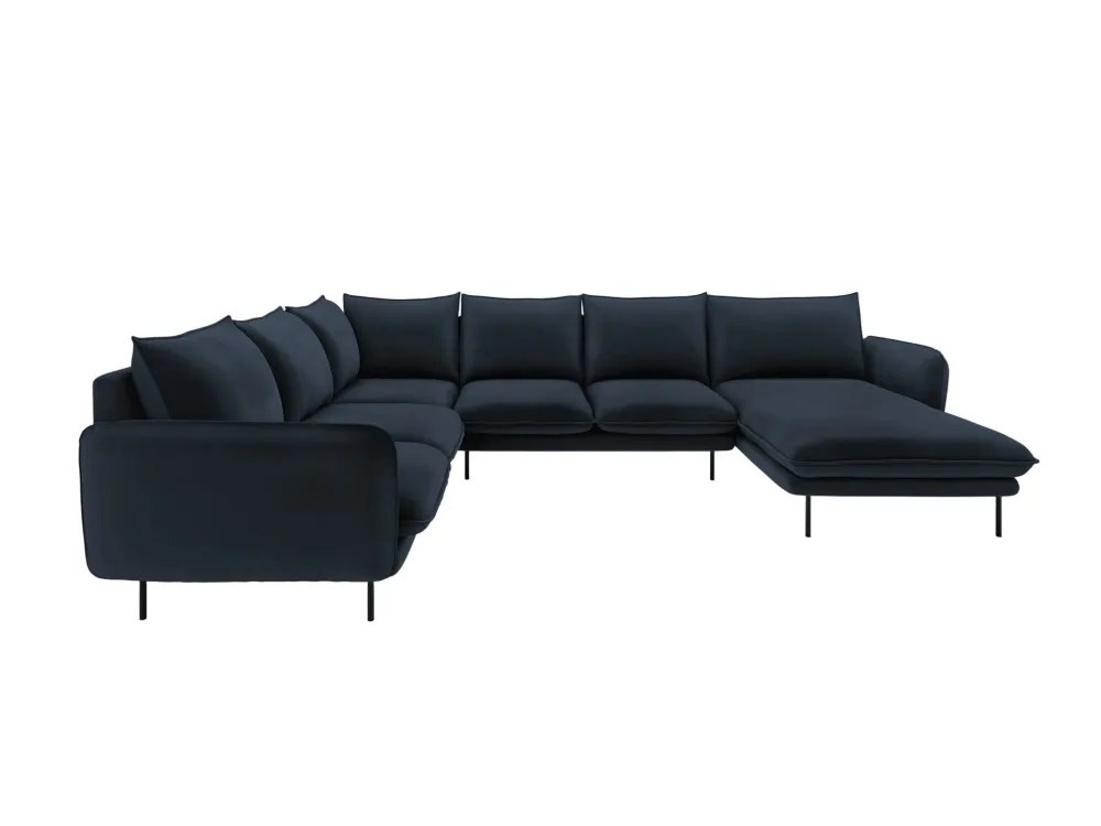 Panoramischer Samt-Ecksofa linksseitig für 7 Personen VIENNA dunkelblau mit schwarzem Fuß