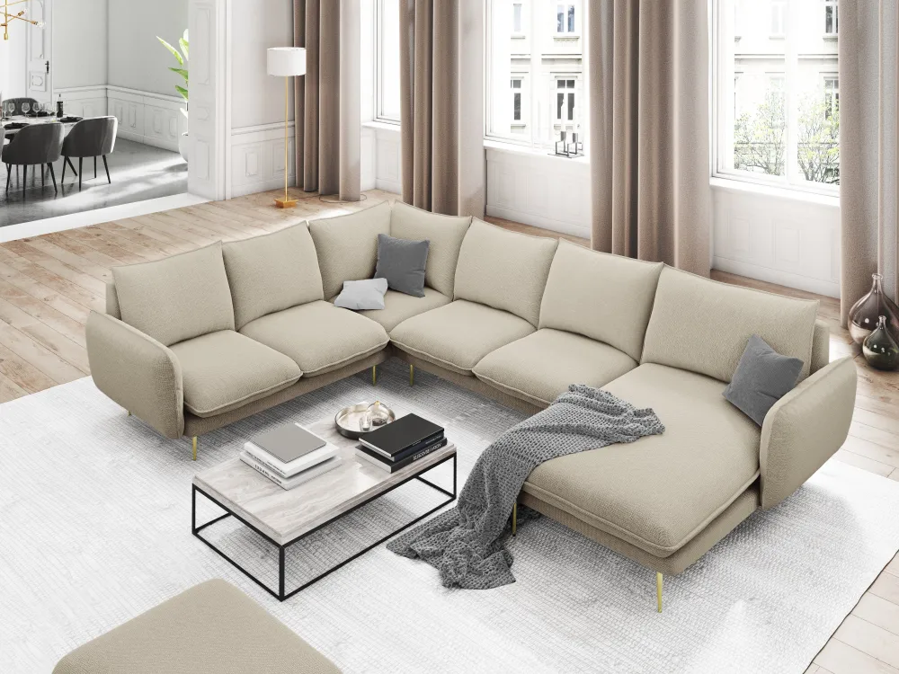Panoramischer Samt-Ecksofa linksseitig für 7 Personen VIENNA dunkelblau mit schwarzem Fuß