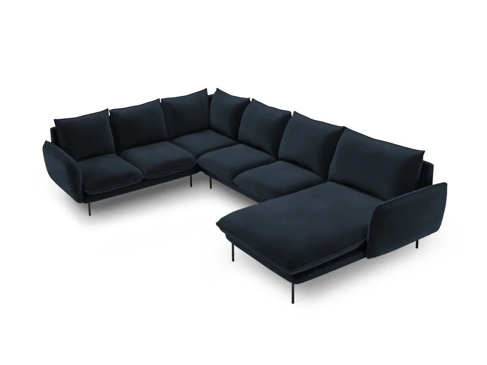 Panoramischer Samt-Ecksofa linksseitig für 7 Personen VIENNA dunkelblau mit schwarzem Fuß