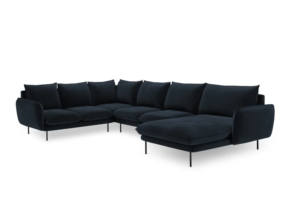 Panoramischer Samt-Ecksofa linksseitig für 7 Personen VIENNA dunkelblau mit schwarzem Fuß