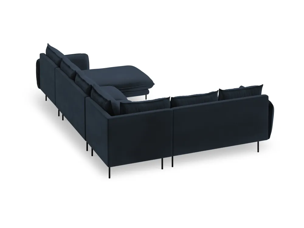 Panoramischer Samt-Ecksofa linksseitig für 7 Personen VIENNA dunkelblau mit schwarzem Fuß