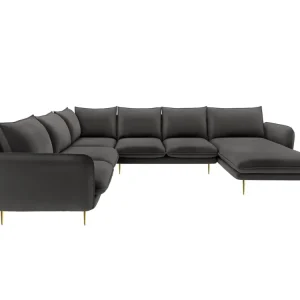 Panoramischer Samt-Ecksofa linksseitig für 7 Personen VIENNA dunkelgrau mit goldenem Fuß