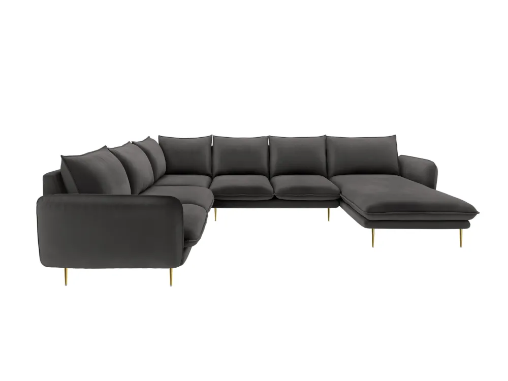 Panoramischer Samt-Ecksofa linksseitig für 7 Personen VIENNA dunkelgrau mit goldenem Fuß