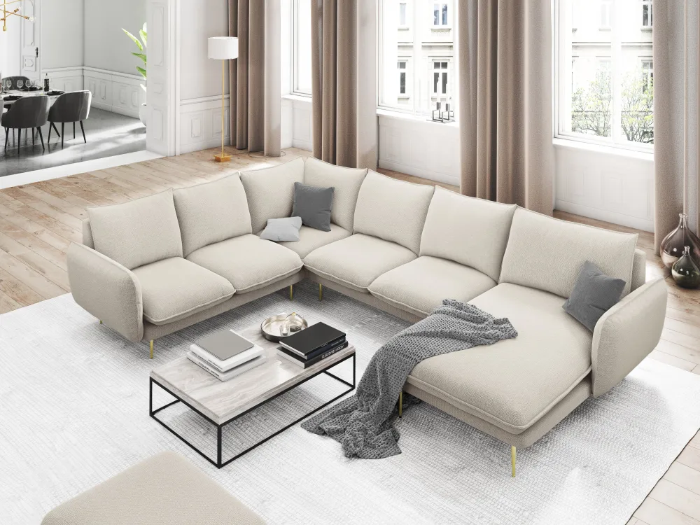 Panoramischer Samt-Ecksofa linksseitig für 7 Personen VIENNA dunkelgrau mit goldenem Fuß
