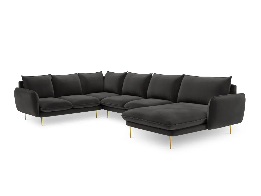 Panoramischer Samt-Ecksofa linksseitig für 7 Personen VIENNA dunkelgrau mit goldenem Fuß