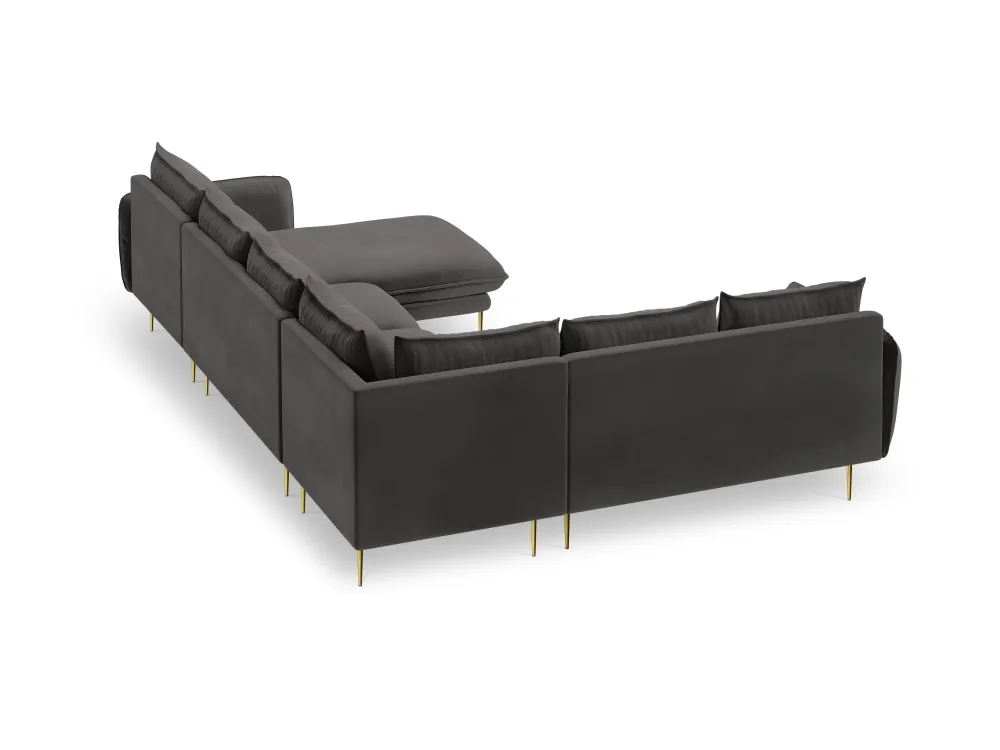 Panoramischer Samt-Ecksofa linksseitig für 7 Personen VIENNA dunkelgrau mit goldenem Fuß