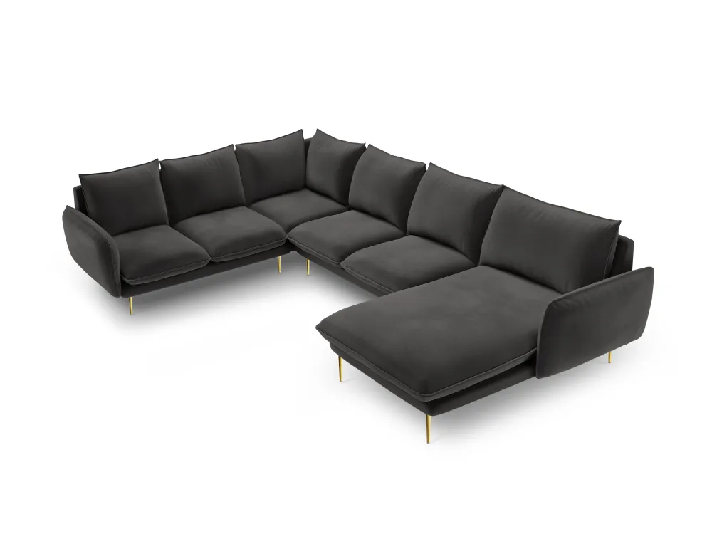 Panoramischer Samt-Ecksofa linksseitig für 7 Personen VIENNA dunkelgrau mit goldenem Fuß