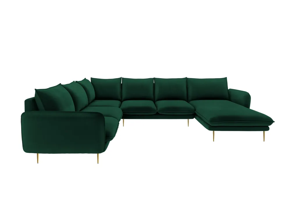 Panoramischer Samt-Ecksofa linksseitig für 7 Personen VIENNA Flaschengrün mit goldener Basis