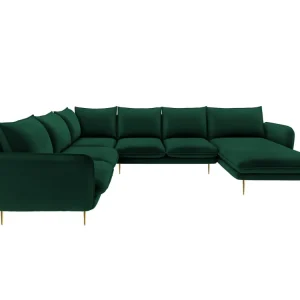 Panoramischer Samt-Ecksofa linksseitig für 7 Personen VIENNA Flaschengrün mit goldener Basis