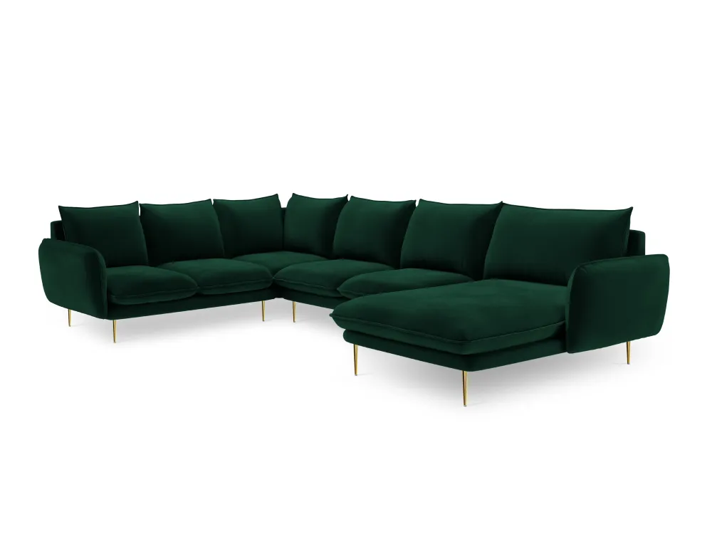 Panoramischer Samt-Ecksofa linksseitig für 7 Personen VIENNA Flaschengrün mit goldener Basis