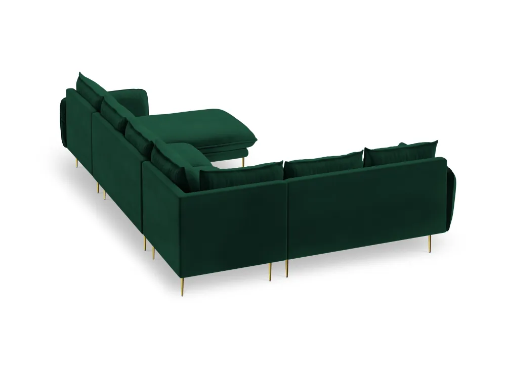 Panoramischer Samt-Ecksofa linksseitig für 7 Personen VIENNA Flaschengrün mit goldener Basis