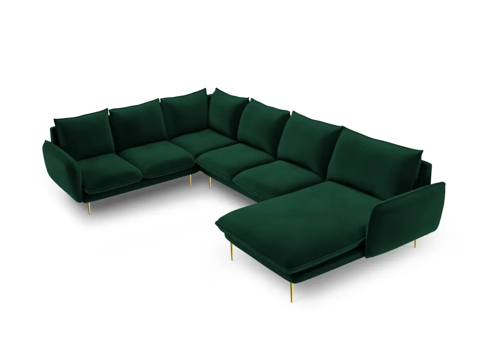 Panoramischer Samt-Ecksofa linksseitig für 7 Personen VIENNA Flaschengrün mit goldener Basis