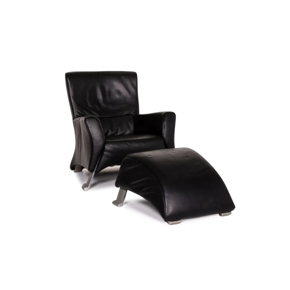 Rolf Benz 322 Leder Sessel Garnitur Schwarz 1x Sessel 1x Hocker #14237
