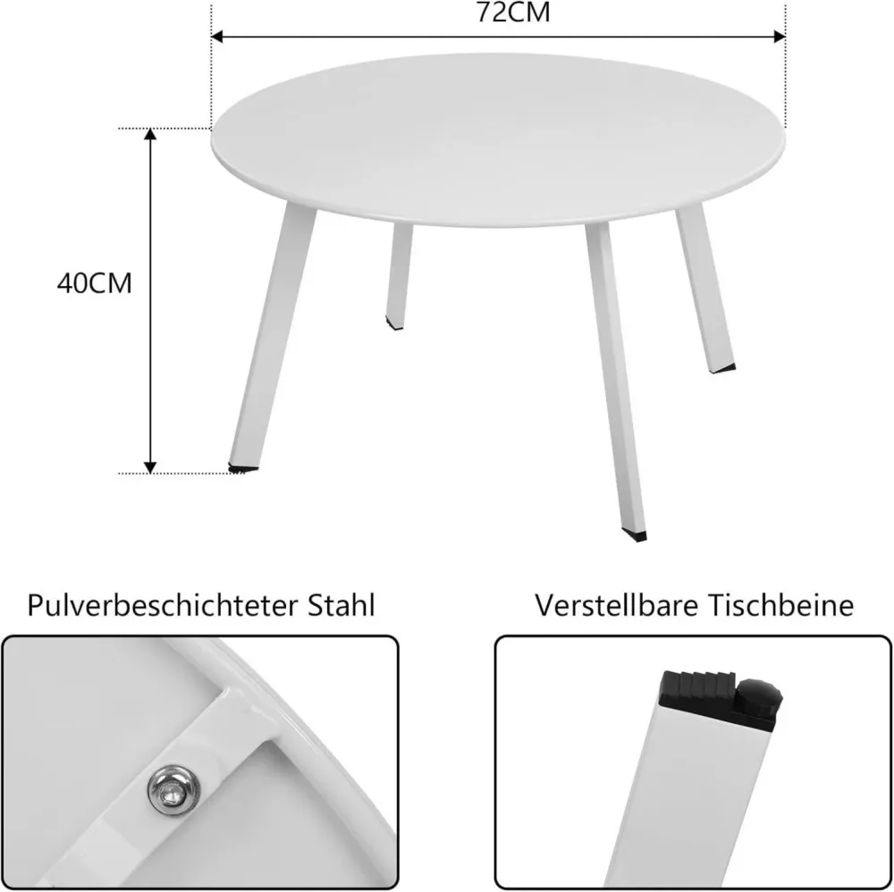 Runder Metall Beistelltisch Garten Kaffeetisch Weiß 70x40 cm