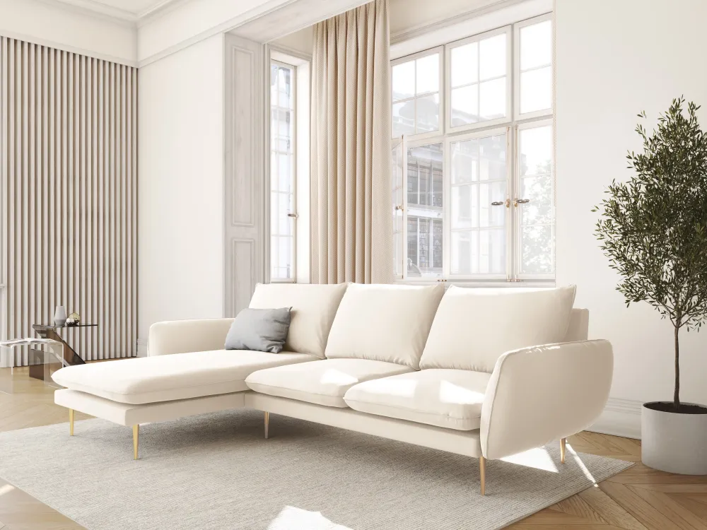 Samt-Ecksofa linksseitig für 5 Personen VIENNA beige mit goldenem Fuß