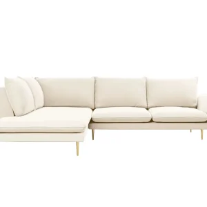 Samt-Ecksofa linksseitig für 5 Personen VIENNA beige mit goldenem Fuß