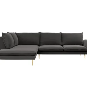 Samt-Ecksofa linksseitig für 5 Personen VIENNA dunkelgrau mit goldenem Fuß