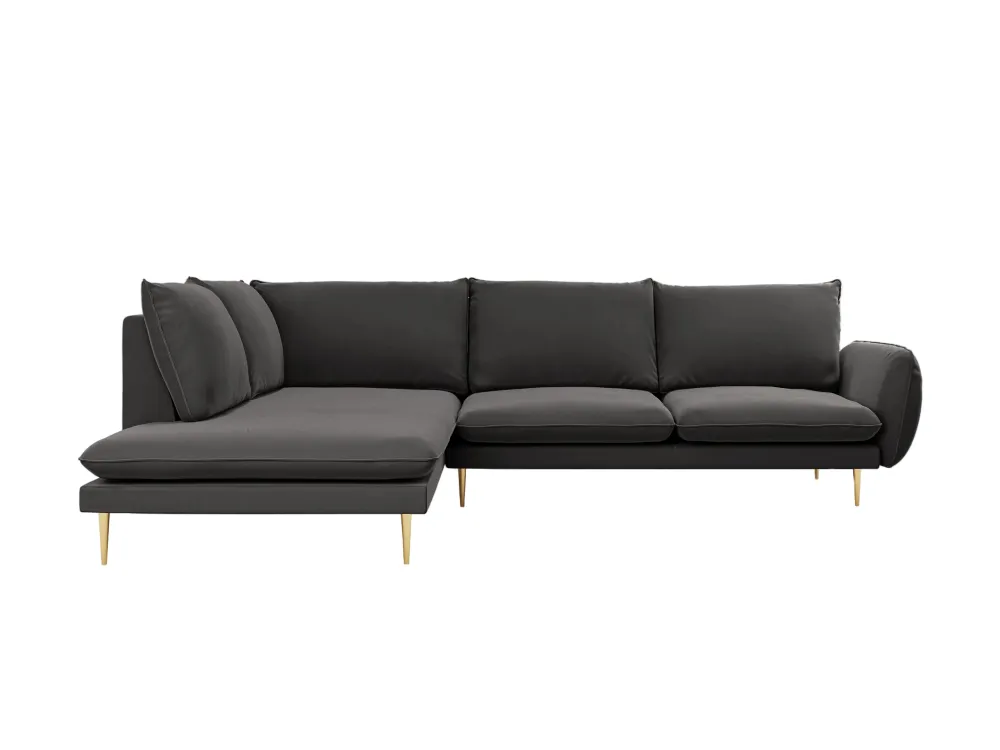 Samt-Ecksofa linksseitig für 5 Personen VIENNA dunkelgrau mit goldenem Fuß