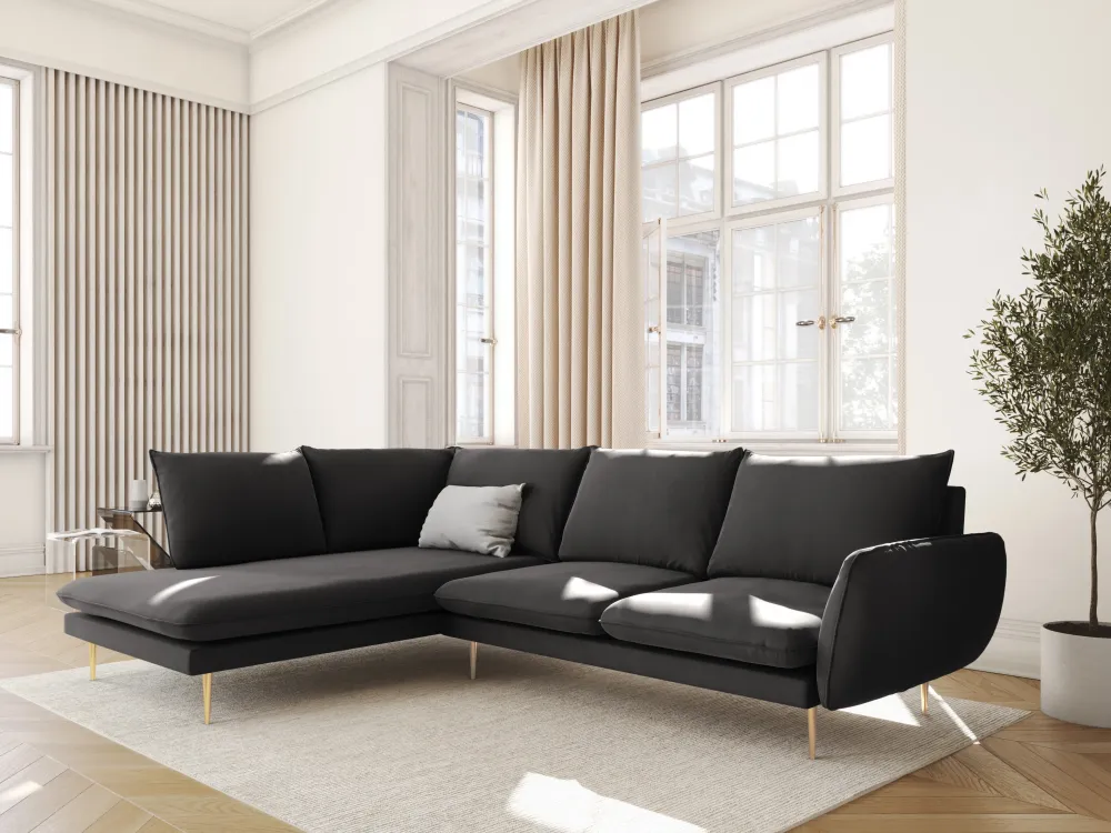 Samt-Ecksofa linksseitig für 5 Personen VIENNA dunkelgrau mit goldenem Fuß