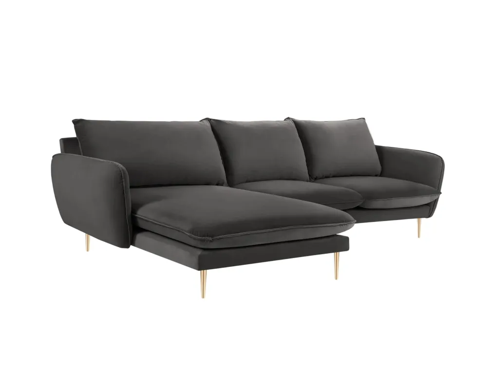 Samt-Ecksofa linksseitig für 5 Personen VIENNA dunkelgrau mit goldenem Fuß